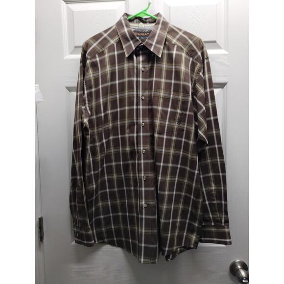Ariat Mens Size Large Pro Series Brown Plaid Long Sleeve Button Up Classic Shirt - Picture 1 of 7